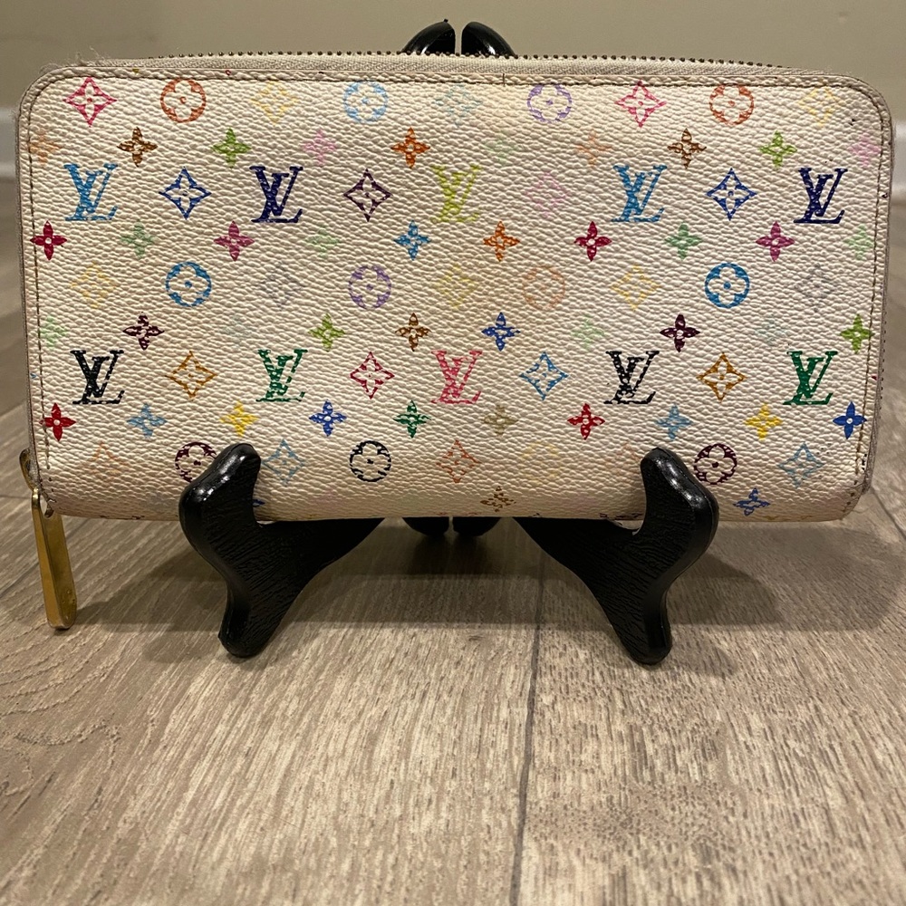 Auth Takashi Murakami x Louis Vuitton White Monogram Multicolor Zippy Wallet